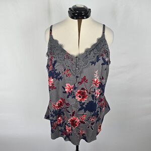 Torrid Camisole Women's 1X Gray Floral Sleeveless Lace Trim Buttons V-Neck NWT